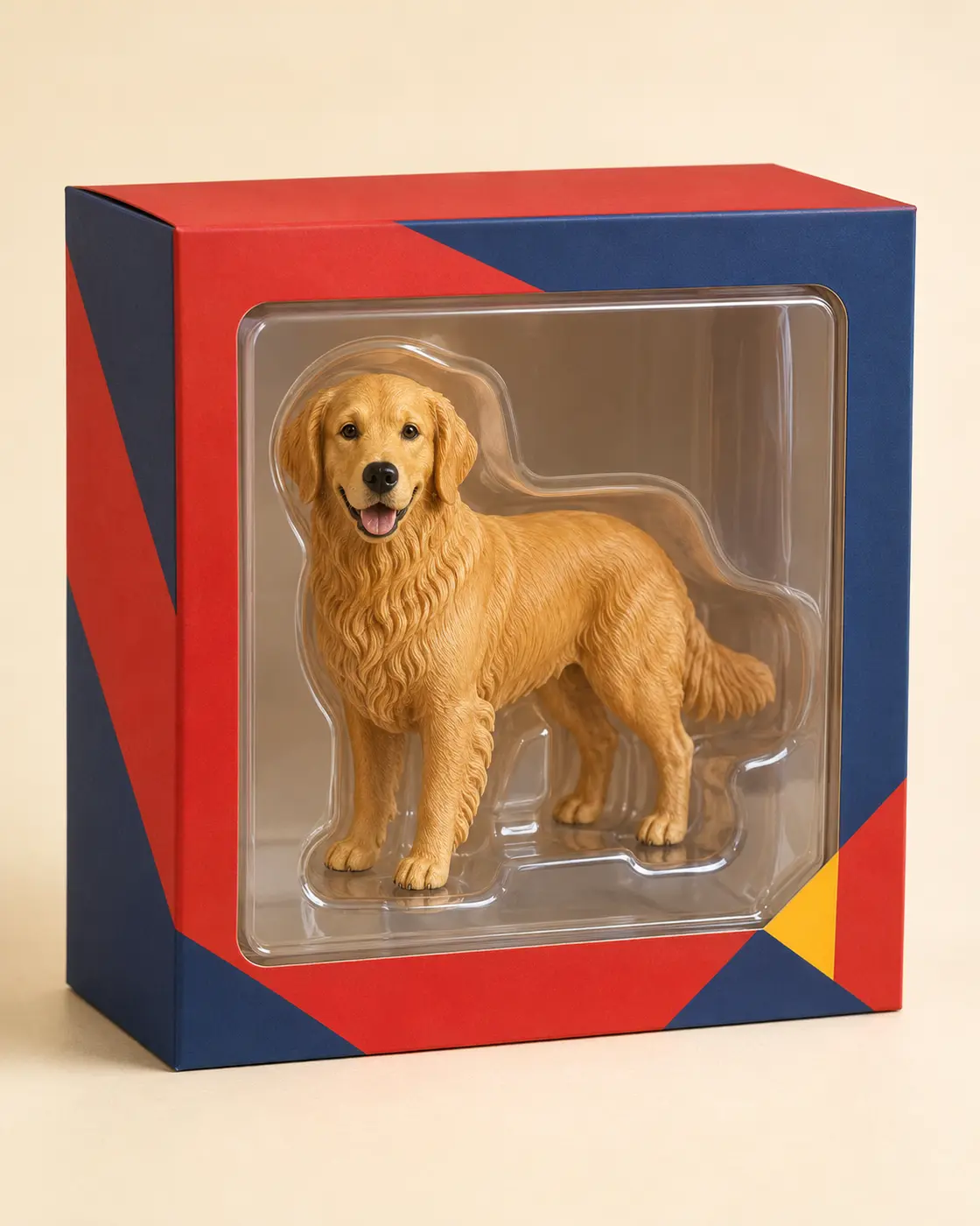 Concept image of a golden retriever as a boxed collectible